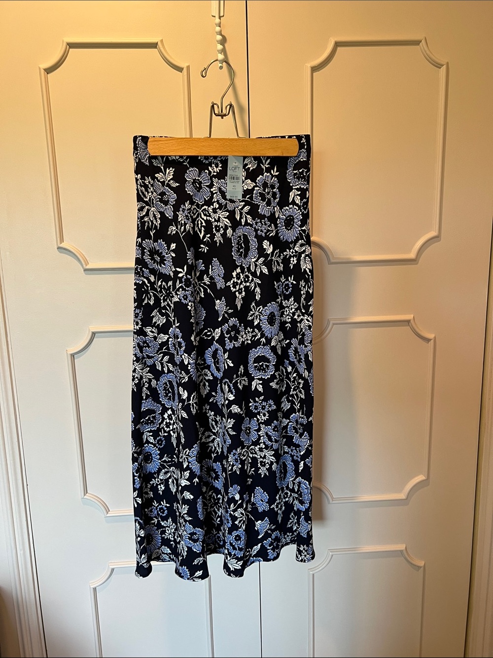 NWT LOFT Navy Midi Skirt with Light Blue Floral Print